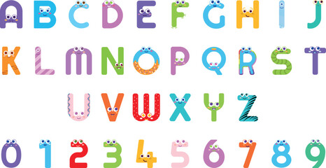 Fun and imaginative kids alphabet in bright colors, perfect for educational materials and entertaining young minds. Colorful numbers and letters designed inspire creativity and learning for children.