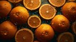 canvas print picture - Fresh oranges with water drops on dark background, top view. AI Generative