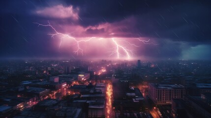 Aufkleber - Flashing Lights in a Rainy City Night with Striking Lightning. Generative ai