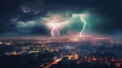 Aufkleber - Flashing Lights in a Rainy City Night with Striking Lightning. Generative ai