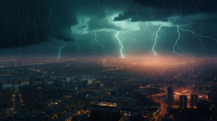 Aufkleber - Flashing Lights in a Rainy City Night with Striking Lightning. Generative ai