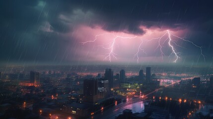 Aufkleber - Flashing Lights in a Rainy City Night with Striking Lightning. Generative ai
