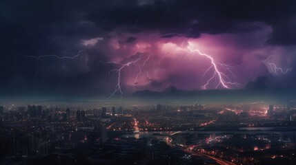 Aufkleber - Flashing Lights in a Rainy City Night with Striking Lightning. Generative ai