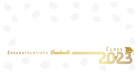 2023 Congratulation Graduate golden line design. Class of 2023 design with golden numbers and graduation square academic cap on white background. Vector illustration