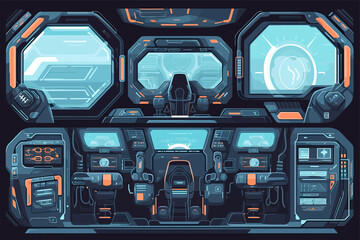 Aufkleber - Spacecraft, shuttle or ship interior flat illustration. Empty spacecraft cosmos shuttle during flight in galaxy. Generative AI