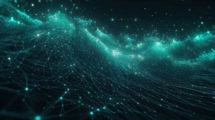 Poster - Digital dynamic cyber wave. Abstract futuristic blue background with dots and lines. Big data visualization. 3D rendering. Generative ai