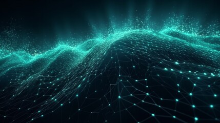 Poster - Digital dynamic cyber wave. Abstract futuristic blue background with dots and lines. Big data visualization. 3D rendering. Generative ai