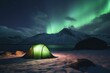 AI-generated tent under aurora borealis by fjords. Generative AI