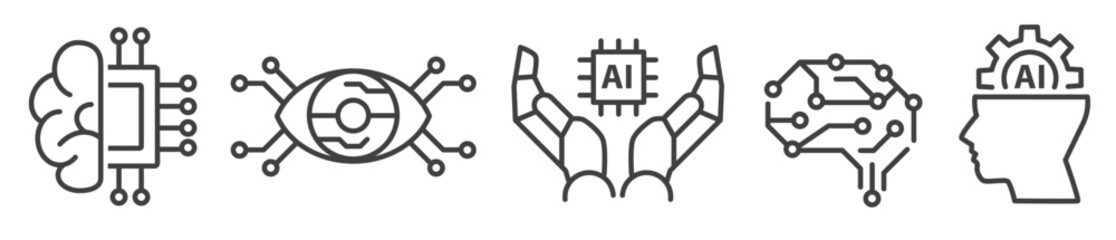 Artificial intelligence, industry 4.0 and machine learning vector thin line icon collection on white background for Web and Print