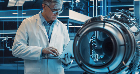 Leinwandbilder - Middle Aged Industrial Engineer Working on a Futuristic Jet Engine, Standing with Laptop Computer in Scientific Technology Lab. Scientist Developing a New Electric Motor in a Research Facility