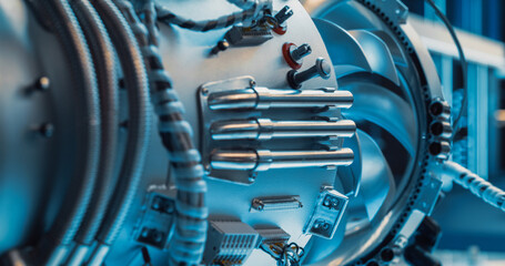Poster - High Tech Futuristic Turbine Engine with Multiple Fans, Wires, Connectors. Jet Engine with Stylish Contemporary Design in Technological Silver Color. Project in Development in Research Laboratory