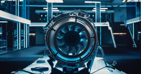 Leinwandbilder - Advanced Futuristic Turbine Engine with a Moving Fan. Modern Industrial Jet Engine in Research and Development Facility. Zoom In Close Up on a Turbofan Engine