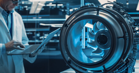 Leinwandbilder - High Tech Prototype Jet Engine in a Technological Startup Facility. Scientist in White Coat Using a Laptop Computer in the Background