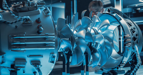 Leinwandbilder - Advanced Futuristic Turbine Engine with Multiple Fans, Wires, Connectors. Jet Engine with Stylish Contemporary Design in Technological Silver Color. Project in Development in Research Laboratory