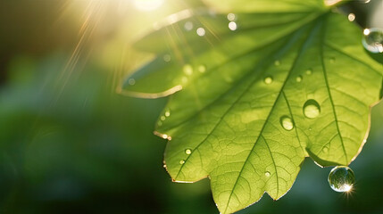 Close-up view of tree leaves wet with dewdrops. Blurred background. Generative AI