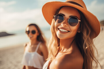 pretty woman in summer, in the sun, wearing sunglasses and a hat. generate by ai