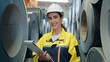 © M Stocker - Hispanic latina woman industrial worker in uniform and helmet holding clipboard smiling and standing at industry manufacturing steel metal factory looking at camera