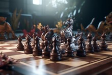 3D AI-generated Depiction Of Chess Kings Battling In Themes Of Leadership, Strategy, Teamwork, Victory And Defeat. Generative AI