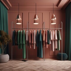 A store with a rack of clothes hanging from it. Fashion background with clothes, no people. Clothes hanging on a hanger in a fashion boutique. Minimalism, style, fashion. Generative AI.