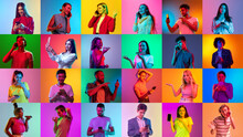 Collage of large group of ethnically diverse smiling people, men and women using smartphone over multicolored background in neon light. Social networks