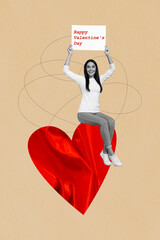 Sticker - Collage of young woman hold postcard happy valentine day surprised sitting big red heart holiday celebration isolated on beige background