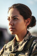 © neo - On a sunny day, a 28-year-old soldier woman thoughtfully. Her olive skin glows as her bun hairstyle accents her strong features. A captivating portrait of military courage. Generative AI