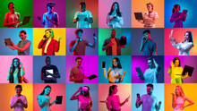 Collage Of Large Group Of Ethnically Diverse People, Men And Women Using Different Gadgets On Multicolored Background In Neon Light. Modern Technologies