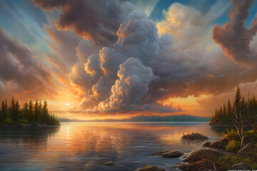 Poster - a cloudy sky over a body of water, a photorealistic painting, whirlwind, strange clouds, sunrise over the river, sunset over the lake, sunset over the ocean, Generative AI