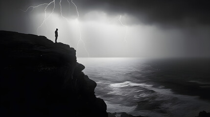 Wall Mural - A mysterious figure stands on a cliff edge overlooking a dark, shrouded in mist, with lightning striking in the background, their silhouette highlighted by a bolt of lightning, Generative AI