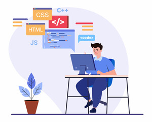 Wall Mural - young men freelancers working on laptop or computer at home concept of web development, programmer a