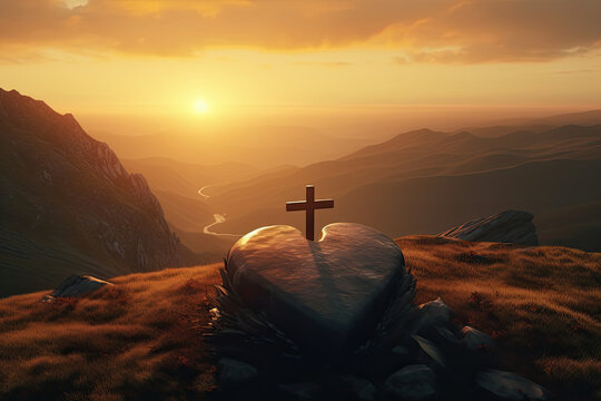 heart shaped empty tomb with cross on mountain sunrise background