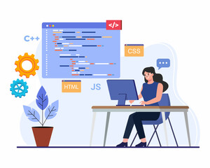 Wall Mural - young women freelancers working on laptop or computer at office, programmer working writing code.