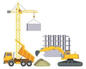 Sticker - Construction site scene with heavy machines. Building work