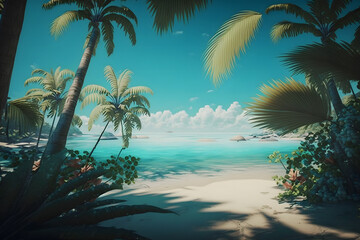 Wall Mural - panorama of tropical beach with coconut palm trees. Neural network AI generated art