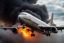 Fire On The Plane. An Airliner Engulfed In Flames And Emitting Thick Black Smoke, Posing A Serious Threat To The Safety Of Those On Board. Generative AI