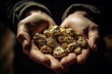 A Stunning Close-up Of Raw, Golden Nuggets In A Miner's Hands, Catching The Light And Gleaming With Riches. Generative AI