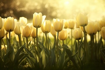 Poster - sunny field filled with yellow tulips. Generative AI