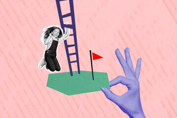 Template poster banner drawing collage of happy kid girl have contest climb ladder winning achieve red flag goal