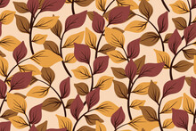 Seamless Pattern, Botanical Ornament With Autumn Foliage. Vintage Design For Fabric, Paper With Hand Drawn Leaves On Branches. Yellow, Brown Leaves On A Light Background. Vector Illustration.