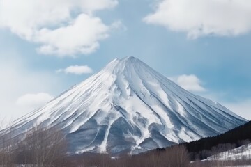 Poster - winter mountain landscape with snow-covered trees in the foreground. Generative AI