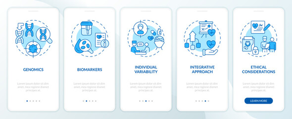 Wall Mural - Precision medicine concepts blue onboarding mobile app screen. Walkthrough 5 steps editable graphic instructions with linear concepts. UI, UX, GUI template. Myriad Pro-Bold, Regular fonts used