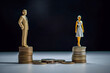 Female and male standing on different stacks of coins. Gender pay equality, inequality pay gap and salary discrimination concepts. Different salary, income or career growth opportunity. Generative AI.