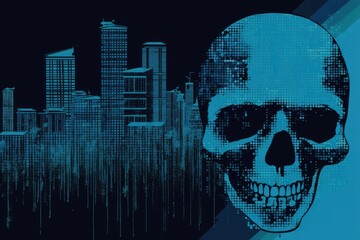 Wall Mural - skull with a cityscape in the background. Generative AI