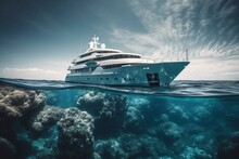 Luxury Yacht Sailing Over Blue Sea With Underwater View. Generative AI
