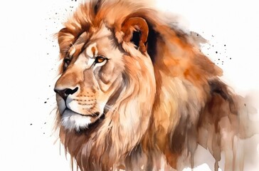 Wall Mural - Watercolor illustration of a majestic lion on white background. Generative AI.