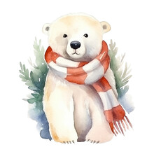 Watercolor Christmas Polar Bear In Scarf Isolated On White Background. 