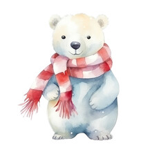 Watercolor Christmas Polar Bear In Scarf Isolated On White Background. Christmas Card. 
