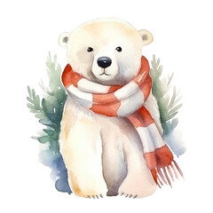 watercolor christmas polar bear in scarf isolated on white background.