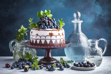 Wall Mural - portion of cheesecake with blueberries, vanilla, mint. ai generative