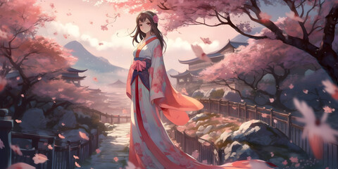 Beautiful anime girl with Focus on her beautiful eyes, full body with beautiful dress, walk among the cherry blossoms, girl in the park, woman in the forest, girl in a dress, Generative AI